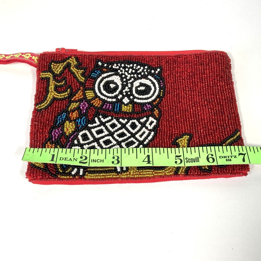 Owl Beaded Wristlet Small Bag Purse Zipper Closure Lined 7x5 Inches Colorful - Picture 7 of 9